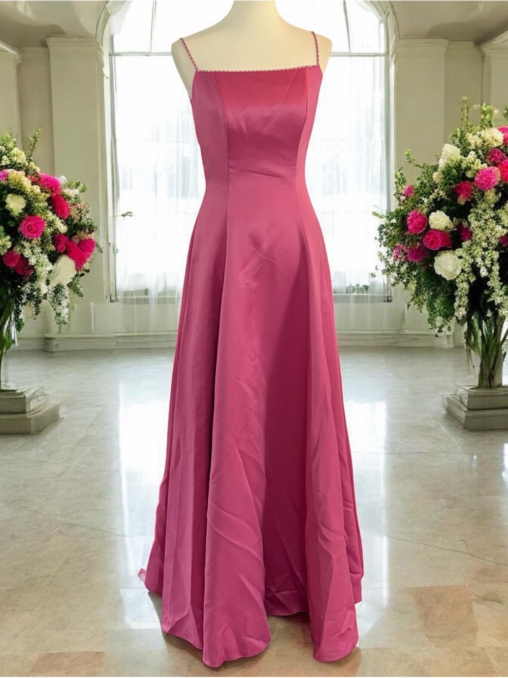 Pink Satin Spaghetti-Strap Gown - Pageant, Wedding, Prom, Formal